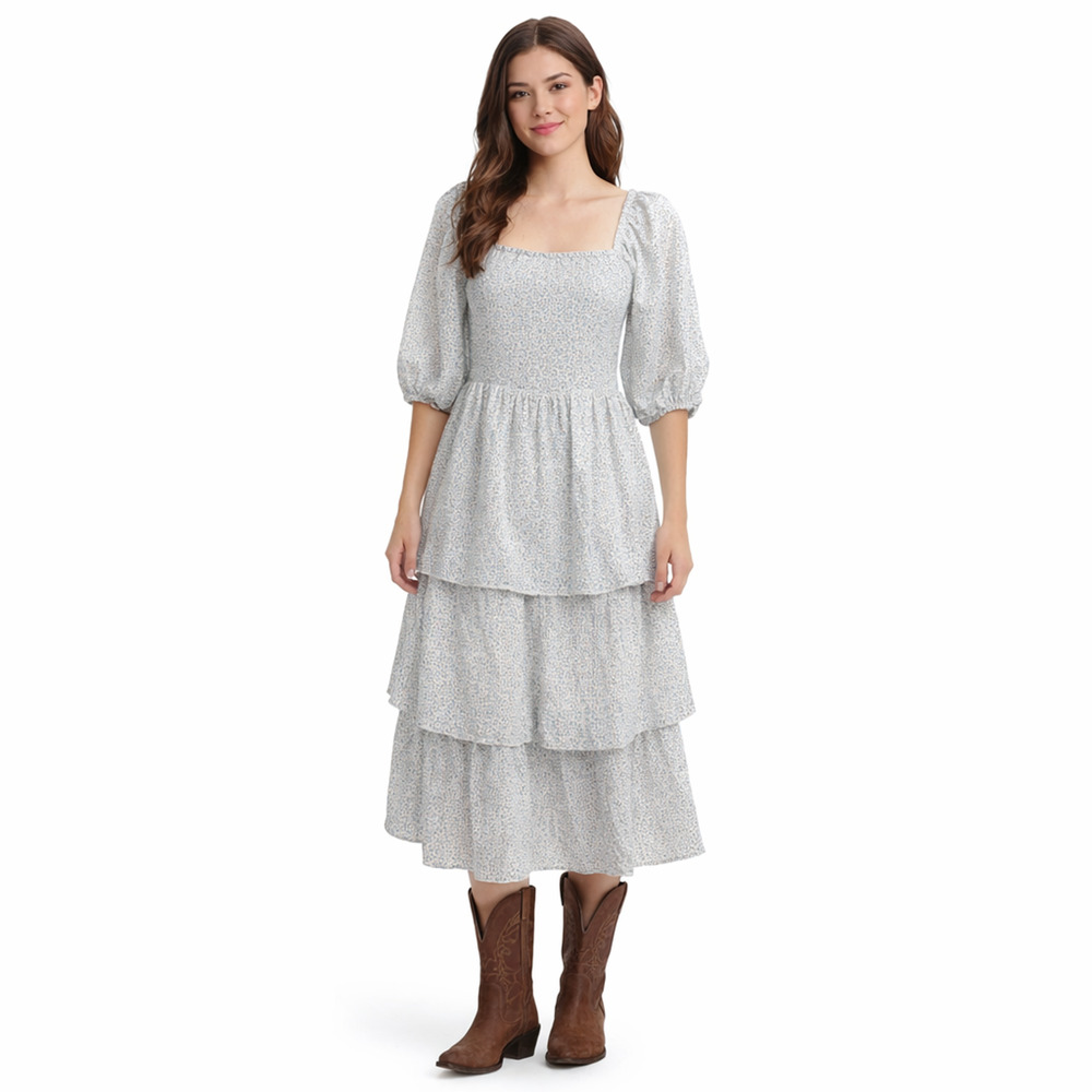 J Gee Dress Womens XL White Tiered Ruffle Coquette Milkmaid Cottagecore Romantic